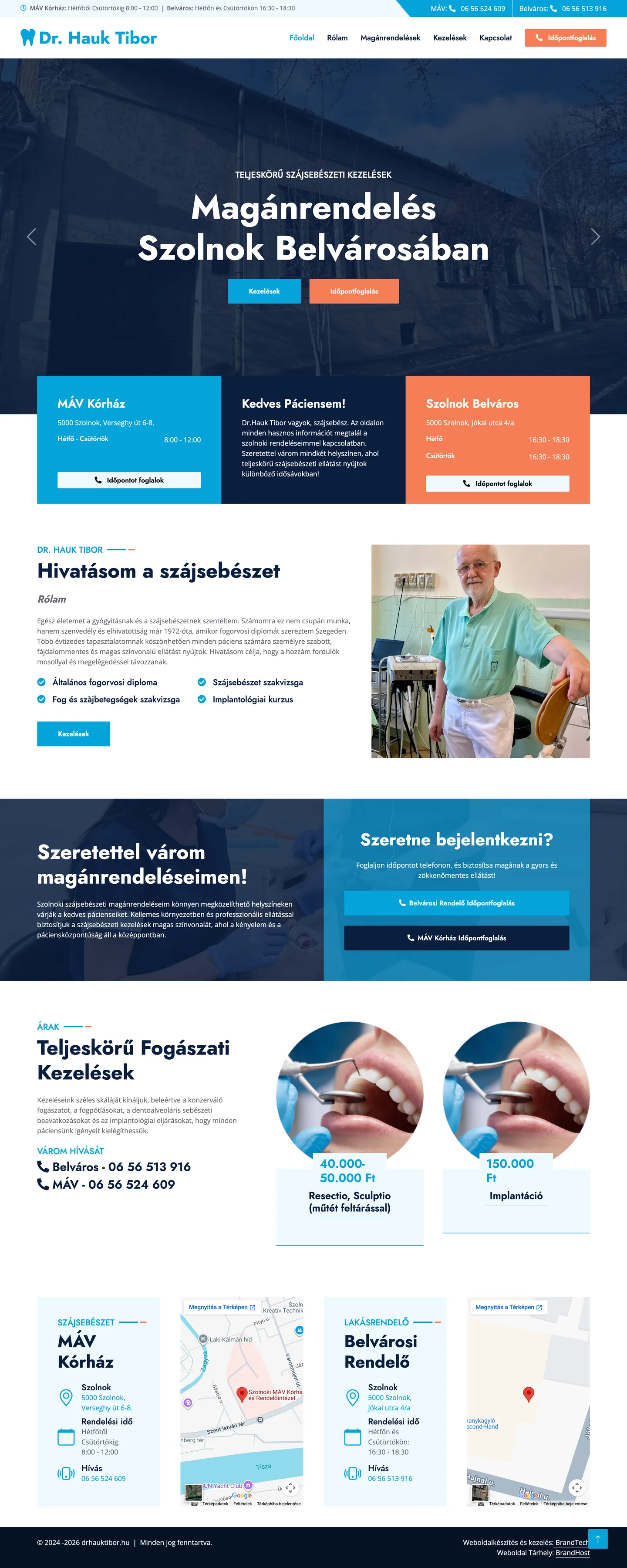 Dr. Hauk Tibor szájsebészeti weboldalának teljes asztali képernyőképe